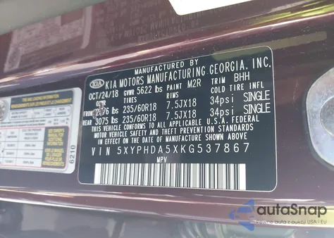 2019 Kia Sorento 3.3L Ex из США, поврежденный, VIN 5XYPHDA5XKG537867